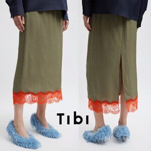 NWT TIBI Olive/Orange LACE trim applique slip MIdi Skirt size SMALL